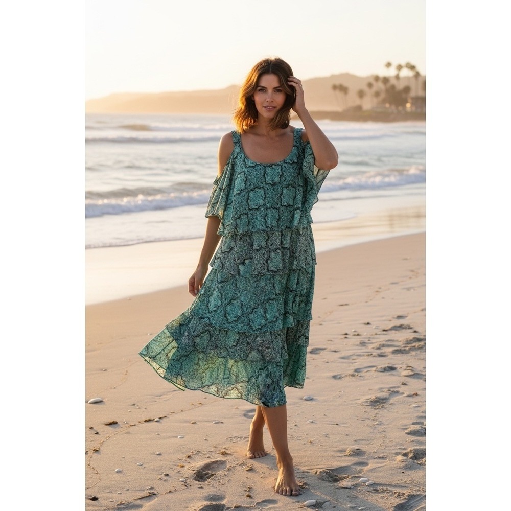 Robbie Bee Womens Cold Shoulder Tiered Ruffle Dress Teal Floral Print Midi Sz 14